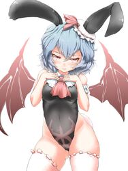  adapted_costume animal_ears ascot bat_wings black_leotard blue_hair collar commentary_request female gimp_(medium) hat highleg highleg_leotard highres leotard mob_cap playboy_bunny rabbit_ears rabbit_tail red_ascot red_eyes remilia_scarlet short_hair solo tail thighhighs tomako_(tatihitoe) touhou wings 