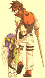  1boy aged_down ankle_boots asymmetrical_wings blue_hair boots brown_hair commentary_request dizzy_(guilty_gear) father_and_daughter feathered_wings female fireseal green_wings guilty_gear hair_ribbon hair_rings holding holding_another&#039;s_hair lolicon long_hair n0b0dy pants ponytail ribbon sol_badguy sword tail twintails weapon white_wings wings 