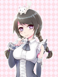  aisha animal animal_on_head black_hair braid cat_on_head commentary_request elsword feline female finger_to_mouth heart heart-shaped_pupils highres kumataro maid on_head smile symbol-shaped_pupils tail tail_wagging twin_braids 