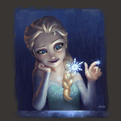  bare_shoulders blonde_hair blue_eyes braid cassio_yoshiyaki commentary dress elsa_(frozen) english_commentary female frozen_(disney) hair_over_shoulder head_rest long_hair off-shoulder_dress off_shoulder photoshop_(medium) single_braid smile snowflakes solo 