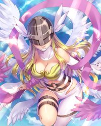  angel angel_wings angewomon armor blonde_hair blue_sky bodysuit breasts cleavage commentary_request covered_eyes day digimon digimon_(creature) facing_viewer feathered_wings feathers female hagoromo helmet highres kobanzame large_breasts long_hair ribbon shawl sky smile solo white_wings wings 