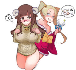  2girls bare_shoulders bell blue_eyes blush blush_stickers breasts brown_eyes brown_hair collarbone commentary_request glasses grin horns long_hair megane_chuu multiple_girls no_pants original ribbed_sweater shears sheep_girl smile sweater twintails 