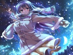  amakano_~second_season~ coat female fur_trim game_cg highres long_hair long_sleeves looking_at_viewer mittens moon night official_art outdoors outstretched_arm piromizu plaid plaid_scarf plaid_skirt scarf skirt sky smile snowing solo star_(sky) starry_sky takayashiro_yuzuka 