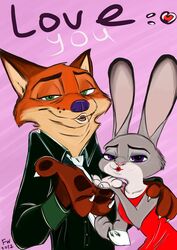  2017 abstract_background absurd_res anthro black_pawpads blowing_kiss canid canine claws clothing disney dress duo female fox fur hi_res holding_object judy_hopps lagomorph leporid looking_at_viewer male mammal murlik necktie nick_wilde pawpads rabbit red_fox shirt size_difference text topwear true_fox zootopia 