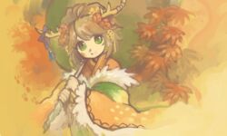  ahoge antlers bad_id bad_pixiv_id brown_hair coat facial_mark female flower fur_trim green_eyes hair_flower hair_ornament holding horns japanese_clothes kano_(p&amp;d) kimono long_hair long_sleeves oil-paper_umbrella orange_kimono puzzle_&amp;_dragons smile solo taso-kare umbrella 