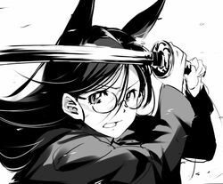  animal_ears clenched_teeth commentary_request female fox_ears fox_girl glasses greyscale holding holding_sword holding_weapon katana long_hair monochrome round_eyewear simple_background solo strike_witches:_kurenai_no_majo-tachi suwa_amaki sword teeth uno_ichi weapon white_background world_witches_series 