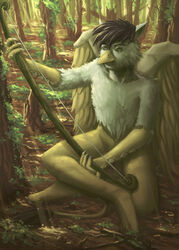  absurd_res anthro avian beak biped bow_(weapon) digital_media_(artwork) digital_painting_(artwork) drawing fantasy feathered_wings feathers forest gryphon hi_res holding_object male mythological_avian mythological_creature mythology plant q-arts ranged_weapon realistic ribin sitting solo tail tree weapon wings 