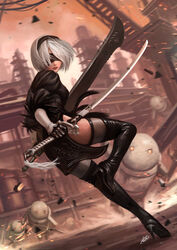  black_dress black_gloves black_legwear blindfold breasts brown_legwear cleavage dress dual_wielding gloves hairband high_heels highres holding juliet_sleeves katana leotard long_sleeves medium_breasts mole mole_under_mouth multicolored multicolored_clothes multicolored_gloves nier_(series) nier_automata okita puffy_sleeves short_dress short_hair side_slit skindentation solo sword thighhighs thighs weapon white_gloves white_hair yorha_no._2_type_b 