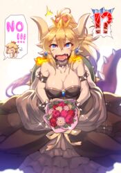  2018 ?! alternate_species animal_humanoid armband ball_gown big_breasts blonde_hair bodily_fluids bouquet bowser bowsette_meme bracelet breasts cleavage clothed clothing collar crown dress duo english_text eyebrow_through_hair eyebrows female fire flower hair headgear horn human humanoid humanoidized jewelry koopa mammal mario_bros meme mtf_crossgender nintendo open_mouth plant princess_peach rule_63 scalie sharp_teeth shell solo_focus speech_bubble spiked_armband spiked_bracelet spiked_collar spikes super_crown tears teeth text thick_eyebrows tomoyohi translucent translucent_hair wedding_dress 