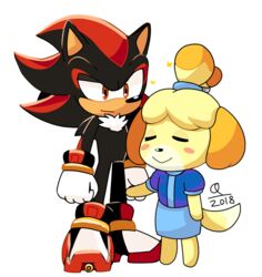  1boy 2018 animal_crossing animal_ears blush_stickers closed_eyes cosplay crossover dog_ears dog_tail female full_body furry furry_female furry_male isabelle_(animal_crossing) light_smile maria_robotnik maria_robotnik_(cosplay) orange_eyes quark196 shadow_the_hedgehog sonic_(series) sparkle tail topknot transparent_background 