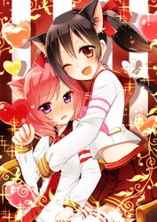  2girls ;d animal_ears black_hair blush bow cat_day cat_ears cat_tail commentary_request hairbow heart hug long_sleeves looking_at_viewer love_live! love_live!_school_idol_project midriff_peek multiple_girls nishikino_maki oerba_yun_fang one_eye_closed open_mouth paw_pose pleated_skirt purple_eyes red_bow red_eyes red_hair school_uniform serafuku skirt smile sparkle striped striped_background sunao sweatdrop tail twintails vertical_stripes yazawa_nico 