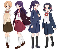  4girls black_hair blue_eyes blush brown_eyes brown_hair commentary_request himematsu_school_uniform kentani_school_uniform lineup long_hair multiple_girls ponytail purple_eyes purple_hair saki_(manga) school_uniform serafuku shisoneri short_hair simple_background skirt smile tsubakino_miyuki tsujigaito_satoha tsuruga_school_uniform tsuyama_mutsuki ueshige_suzu white_background 