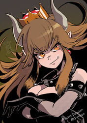  armlet bare_shoulders black_gloves bowsette breast_hold breasts brown_background brown_hair character_name cleavage collar commentary_request crown earrings eyebrows fang_out female gloves head_tilt horns jewelry long_hair mario_(series) medium_breasts new_super_mario_bros._u_deluxe oerba_yun_fang orange_eyes partial_commentary pointy_ears shiroton_(kazamineko) slit_pupils solo spiked_armlet spiked_collar spikes super_crown twitter_username upper_body v-shaped_eyebrows 