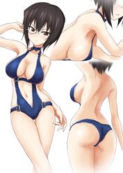  arm_up ass back bad_id bad_twitter_id bare_arms bare_legs bare_shoulders black_hair blue_one-piece_swimsuit breasts brown_eyes cleavage female from_behind gin&#039;you_haru girls_und_panzer highres inactive_account kawashima_momo large_breasts looking_at_viewer lying monocle multiple_views navel on_stomach one-piece_swimsuit sideboob simple_background swimsuit thigh_gap white_background 