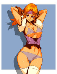  alundra arms_behind_head arms_up bikini bikini_top_only breasts bustier commentary contrapposto covered_nipples cowboy_shot english_commentary female genzoman gloves headband large_breasts long_hair meia_(alundra) micro_bikini midriff navel orange_eyes orange_hair photoshop_(medium) pointy_ears single_glove smile solo standing swimsuit tan thigh_gap thighhighs underboob white_thighhighs wristband 