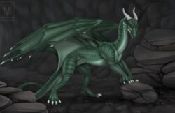  4_toes claws detailed_background digital_media_(artwork) dragon european_mythology feet feral green_body green_scales hondra horn looking_at_viewer male membrane_(anatomy) membranous_wings minerea mythological_creature mythological_scalie mythology orange_eyes scales scalie solo standing tail toes western_dragon wings 