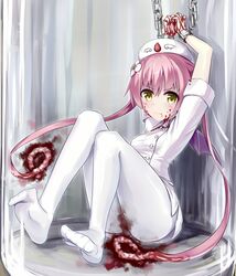  against_wall arms_up blood blood_on_face blush bottle buttons chains commentary_request cuffs demon_wings ebola-chan encasement feet female flower full_body glass guro hair_flower hair_ornament hat highres in_bottle in_container jar long_hair mini_wings no_shoes nurse nurse_cap original pantyhose personification pink_hair restrained ruma_imaginary shackles sitting solo tears twintails uniform white_pantyhose wings yellow_eyes 