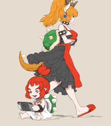  2girls apron bandana black_dress blonde_hair bowsette bowsette_jr. commentary_request crown dress earrings handheld_game_console horns jewelry lolicon mario_(series) mother_and_daughter multiple_girls new_super_mario_bros._u_deluxe nintendo_switch oerba_yun_fang playing_games pointy_ears red_eyes red_hair shell short_ponytail slippers super_crown tetuhei transformation 