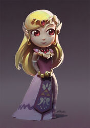  arms_behind_back blonde_hair cassio_yoshiyaki commentary dress elbow_gloves english_commentary female forehead_jewel gloves hair_ornament hairclip long_dress long_hair photoshop_(medium) pointy_ears princess_zelda red_eyes solo tabard the_legend_of_zelda the_legend_of_zelda:_the_wind_waker tiara triangular_headpiece 