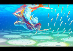  2girls animal arm_at_side cassio_yoshiyaki caustics commentary diving english_commentary fish letterboxed long_hair multiple_girls original outstretched_arm photo-referenced photoshop_(medium) red_hair reflection school_of_fish seafloor signature submerged swimming underwater white_hair 