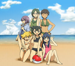  6+girls angry ball beach beachball bikini breasts cleavage closed_eyes cloud collarbone dawn_(pokemon) female glasses happy hips james_(artist) jun_(pokemon) kouhei_(pokemon) midriff multiple_girls navel nintendo poke_ball pokemon rule_63 satoshi_(pokemon) shinji_(pokemon) shorts sitting smile swimsuit takeshi_(pokemon) 