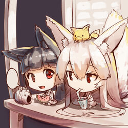  2girls :d :t absurdly_long_hair animal animal_ear_fluff animal_ears animal_on_head barefoot bendy_straw black_hair blank_speech_bubble blunt_bangs chibi closed_mouth commentary_request cup drinking drinking_glass drinking_straw food fox fox_ears fox_girl fox_on_head fox_tail fruit hair_between_eyes holding holding_cup holding_food japanese_clothes kayari_buta kimono light_brown_hair long_hair multiple_girls on_head open_mouth original porch red_eyes sitting smile speech_bubble tail very_long_hair watermelon white_kimono yuuji_(yukimimi) 