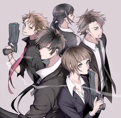  2girls 3boys ayatoki-1 bad_id bad_pixiv_id black_hair brown_hair dominator_(gun) formal highres kagari_shuusei kougami_shin&#039;ya kunizuka_yayoi long_hair masaoka_tomomi multiple_boys multiple_girls necktie ponytail psycho-pass short_hair tsunemori_akane weapon 