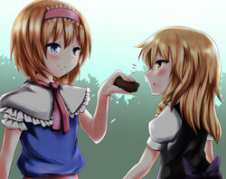  2girls alice_margatroid ascot bad_id bad_nicoseiga_id blonde_hair blue_eyes blush braid capelet cookie_(touhou) couple feeding food hairband kirisame_marisa koro_(cookie) long_hair multiple_girls open_mouth short_hair side_braid smile touhou yellow_eyes yuri 