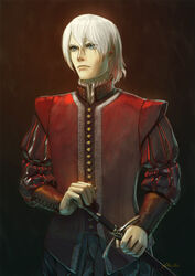  1boy alternate_costume blue_eyes cassio_yoshiyaki commentary dante_(devil_may_cry) devil_may_cry_(series) english_commentary hand_on_hilt male_focus photoshop_(medium) solo sword weapon white_hair 