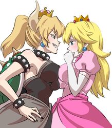  2girls black_nails blonde_hair blue_eyes bowsette bracelet breast_contest breast_press breasts collar commentary_request crown dress earrings elbow_gloves face-to-face gloves grin horns jewelry large_breasts long_hair looking_at_another mario_(series) multiple_girls nail_polish new_super_mario_bros._u_deluxe partial_commentary pink_dress ponytail princess_peach puffy_short_sleeves puffy_sleeves risapaso shell short_sleeves smile spiked_bracelet spiked_collar spiked_shell spikes strapless strapless_dress super_crown symmetrical_docking turtle_shell white_background white_gloves yuri 