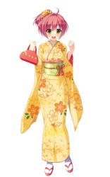  absurdres bad_id bad_link blush clenched_hands doumyouji_moemi female full_body high_ponytail highres holding japanese_clothes kimono long_sleeves looking_at_viewer obi official_art pink_hair pure_x_connect sandals sash solo tabi transparent_background yellow_eyes yellow_kimono 