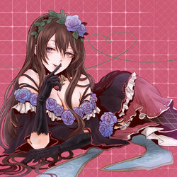  bare_shoulders black_dress black_gloves black_hair black_thighhighs blue_eyes blue_flower blue_rose breasts checkered_background cleavage commentary_request dress elbow_gloves female finger_to_mouth fishnet_thighhighs fishnets floral_print flower frilled_dress frills garter_straps gloves gothic_lolita granblue_fantasy hair_between_eyes hair_flower hair_ornament hair_spread_out hairband heart jewelry jitome large_breasts leaf lips lolita_fashion long_hair looking_at_viewer lying miwayama naughty_face neck_ring off_shoulder on_side pink_background rose rosetta_(granblue_fantasy) smile solo thighhighs very_long_hair wavy_hair 