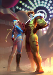  1boy antenna_hair armband ass back_cutout backless_outfit blonde_hair blue_leotard bodysuit boots bracer brown_footwear cammy_white cassio_yoshiyaki clothing_cutout commentary crossover english_commentary faceoff female fingerless_gloves garrison_cap gloves hands_on_own_hips hat height_difference highres knee_boots leotard long_hair marvel marvel_vs._capcom marvel_vs._capcom_2 photoshop_(medium) realistic sabertooth_(x-men) skin_tight sleeved_leotard smile spiked_hair street_fighter x-men x-men_vs._street_fighter yellow_bodysuit 