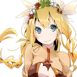  angel archangel_(p&amp;d) blonde_hair blue_eyes blush braid colored_eyelashes commentary_request female flower head_wings head_wreath long_hair looking_away meeko_(memeko) puzzle_&amp;_dragons simple_background solo twin_braids white_background wings 