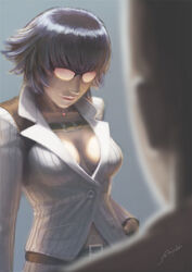  belt black_hair breasts cassio_yoshiyaki commentary devil_may_cry_(series) devil_may_cry_4 english_commentary female glasses jewelry lady_(devil_may_cry) lips medium_breasts navel necklace no_bra opaque_glasses orange-tinted_eyewear over-rim_eyewear pendant photoshop_(medium) semi-rimless_eyewear short_hair sideboob signature solo_focus striped sunglasses tinted_eyewear vertical_stripes 