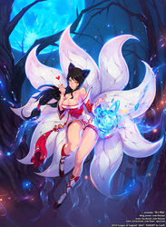  ahri_(league_of_legends) animal_ears artist_name bare_shoulders bare_tree black_hair blue_moon boots braid braided_ponytail breasts character_name cleavage commentary_request copyright_name detached_sleeves energy_ball facebook_username facial_mark female floating_hair flying fox_ears fox_girl fox_tail full_body full_moon glowing hand_up heart knee_boots korean_clothes large_breasts league_of_legends lenn_sparrow light_particles long_hair looking_at_viewer magic md5_mismatch moon multiple_tails nail_polish night night_sky orange_eyes orb parted_lips red_nails shiny_skin single_braid sky smile solo tail tree very_long_hair watermark web_address whisker_markings white_footwear 