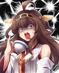  blue_eyes brown_hair commentary cup double_bun female hair_bun hairband hanjuku_tomato kantai_collection kongou_(kancolle) long_hair nontraditional_miko pinky_out solo teacup 