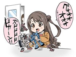  2girls :d blush brown_eyes brown_hair commentary_request door gouf gundam gundam_mk_ii gunpla hair_bun idolmaster idolmaster_cinderella_girls long_hair mobile_suit_gundam model_kit mojimojiable multiple_girls one_side_up open_mouth playing shibuya_rin shield shimamura_uzuki single_hair_bun smile translation_request v-shaped_eyebrows zeta_gundam 