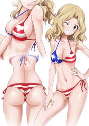  american_flag american_flag_bikini american_flag_print ass bad_id bad_twitter_id bare_arms bare_legs bare_shoulders bikini blonde_hair blue_eyes breasts cleavage collarbone female flag_print gin&#039;you_haru girls_und_panzer grin halterneck hand_on_own_hip head_out_of_frame highres inactive_account kay_(girls_und_panzer) large_breasts long_hair looking_at_viewer multiple_views navel one_eye_closed print_bikini side-tie_bikini_bottom sideboob simple_background smile stomach swimsuit white_background 