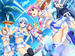  5girls :/ :d ;d ^_^ ahoge ankle_lace-up antenna_hair aoi_matsuri arms_behind_head ass beach_umbrella belt black_eyes black_jacket black_thighhighs blue_eyes blue_hawaii blue_sky bow breasts brown_hair buckle business_suit choker cleavage closed_eyes cloud crazy_straw crop_top crop_top_overhang cross-laced_footwear cup day detached_sleeves drink drinking_glass drinking_straw dutch_angle food formal game_cg green_eyes hair_intakes hand_on_own_hip heart heart_straw himuro_rikka hinata_hanabi holding holding_tray hot_dog indoors inline_skates jacket jewelry knees_together_feet_apart koutaro leaning_forward legs long_hair long_sleeves looking_at_viewer looking_back medium_breasts midriff minazuki_izumi miniskirt multiple_girls nail_polish navel one_eye_closed open_mouth palm_tree panties pantyshot parfait pencil_skirt pendant pink_hair pink_nails pleated_skirt red_eyes ribbon ribbon_choker roller_skates saotome_nagi sash shoes short_hair short_shorts shorts skates skirt sky skylight skylight_(architecture) smile standing standing_on_one_leg suit thighhighs tray tree tropical_drink tropical_kiss umbrella underwear very_long_hair waitress water waterfall waving white_legwear white_panties white_shorts white_skirt wrist_cuffs 