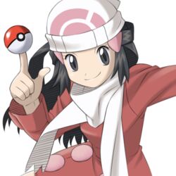  alternate_costume balancing beanie black_eyes black_hair coat dawn_(pokemon) duplicate female hair_ornament hairclip hat long_hair nintendo pixel-perfect_duplicate poke_ball poke_ball_(basic) pokemon pokemon_dppt pokemon_platinum scarf simple_background smirk solo white_background white_scarf winter_clothes yagitori 