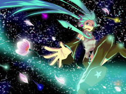  aqua_eyes aqua_hair commentary_request detached_sleeves female flower hatsune_miku headphones headset high_heels kiri_nada long_hair necktie petals shoe_soles skirt smile solo star_(symbol) thighhighs twintails very_long_hair vocaloid zettai_ryouiki 