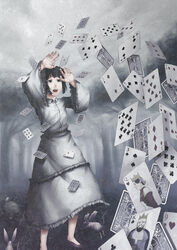  ace_(playing_card) ace_of_hearts ace_of_spades alice_(alice_in_wonderland) alice_in_wonderland animal bare_arms black_hair card cloud cloudy_sky commentary_request dress eight_of_clubs female five_of_clubs five_of_diamonds floating_card forest four_of_clubs four_of_diamonds four_of_spades heart highres mouse_(animal) nature nine_of_hearts open_mouth outdoors playing_card queen_(playing_card) queen_of_hearts_(alice_in_wonderland) queen_of_hearts_(playing_card) seven_of_hearts seven_of_spades short_hair shouhei six_of_hearts sky solo spade_(shape) ten_of_clubs three_of_clubs three_of_diamonds three_of_hearts three_of_spades turtle two_of_clubs two_of_diamonds white_dress white_rabbit_(animal) 