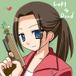  ! 1boy bad_id bad_pixiv_id blue_eyes brown_hair female finger_on_trigger gun handgun heart hitsuki_miyu holding holding_gun holding_weapon left_4_dead louis_(left_4_dead) m1911 mini_person miniboy ponytail translated weapon zoey_(left_4_dead) 