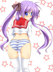  ass blue_eyes blush commentary_request female from_behind hair_ribbon highres hiiragi_kagami kneepits lask long_hair looking_back lucky_star no_pants panties purple_hair ribbon ryouou_school_uniform school_uniform serafuku solo star_(symbol) striped_clothes striped_panties thighhighs tsurime twintails underwear white_thighhighs 