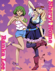  2girls :d absurdres ahoge ai-kun armpits bare_legs bare_shoulders belt blonde_hair boots cowboy_hat dress green_hair hat heart high_heels highres knee_boots lipstick long_hair looking_at_viewer macross macross_frontier macross_frontier:_itsuwari_no_utahime makeup midriff_peek multiple_girls nail_polish navel official_art ootsuka_yae open_mouth pink_lips pink_nails purple_legwear ranka_lee red_eyes scan sheryl_nome short_hair shorts smile spaghetti_strap standing standing_on_one_leg thighhighs v 