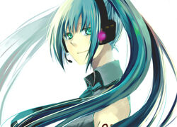  aqua_eyes aqua_hair bad_id bad_pixiv_id female hatsune_miku headphones headset long_hair looking_back necktie simple_background smile solo sumi_(38page) twintails vocaloid 