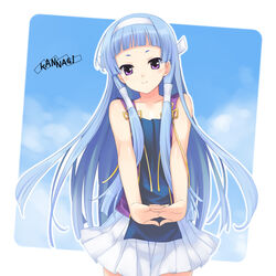  amano_yuu bare_arms blue_hair blunt_bangs commentary_request female hair_tubes hairband kannagi light_blush long_hair nagi_(kannagi) purple_eyes simple_background smile solo v_arms 