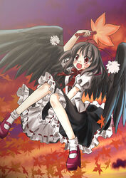  :3 black_hair black_wings blush colorized commentary_request embarrassed female geta hat highres looking_away looking_down open_mouth photoshop_(medium) rayhwang red_eyes shameimaru_aya short_hair solo tengu-geta tokin_hat touhou wings 