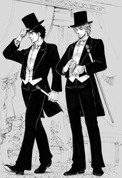  2boys bad_id bad_pixiv_id bow bowtie cane commentary_request dio_brando formal gloves greyscale hat hat_tip jojo_no_kimyou_na_bouken jonathan_joestar male_focus merumeru626 monochrome multiple_boys phantom_blood plant tailcoat top_hat traditional_bowtie tuxedo vase victorian 